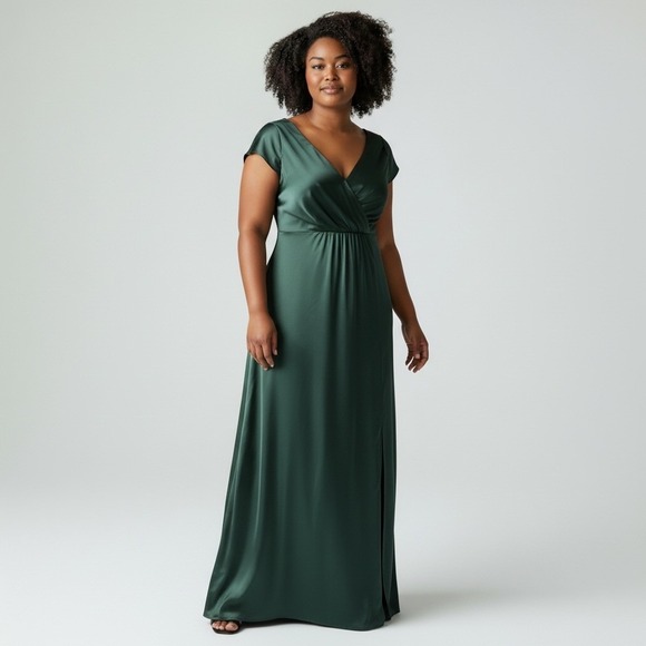 Azazie Dresses & Skirts - Azazie Green Satin Formal Cap Sleeve Maxi Dress 18 Wedding Guest Bridesmaid Gala